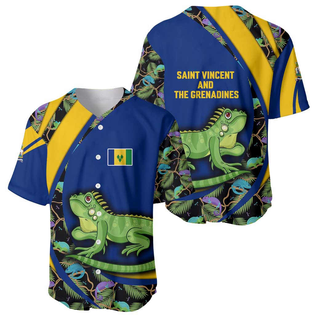 Saint Vincent and the Grenadines Iguana Baseball Jersey with Tropical Leaf Pattern and National Flag - Wonder Print Shop