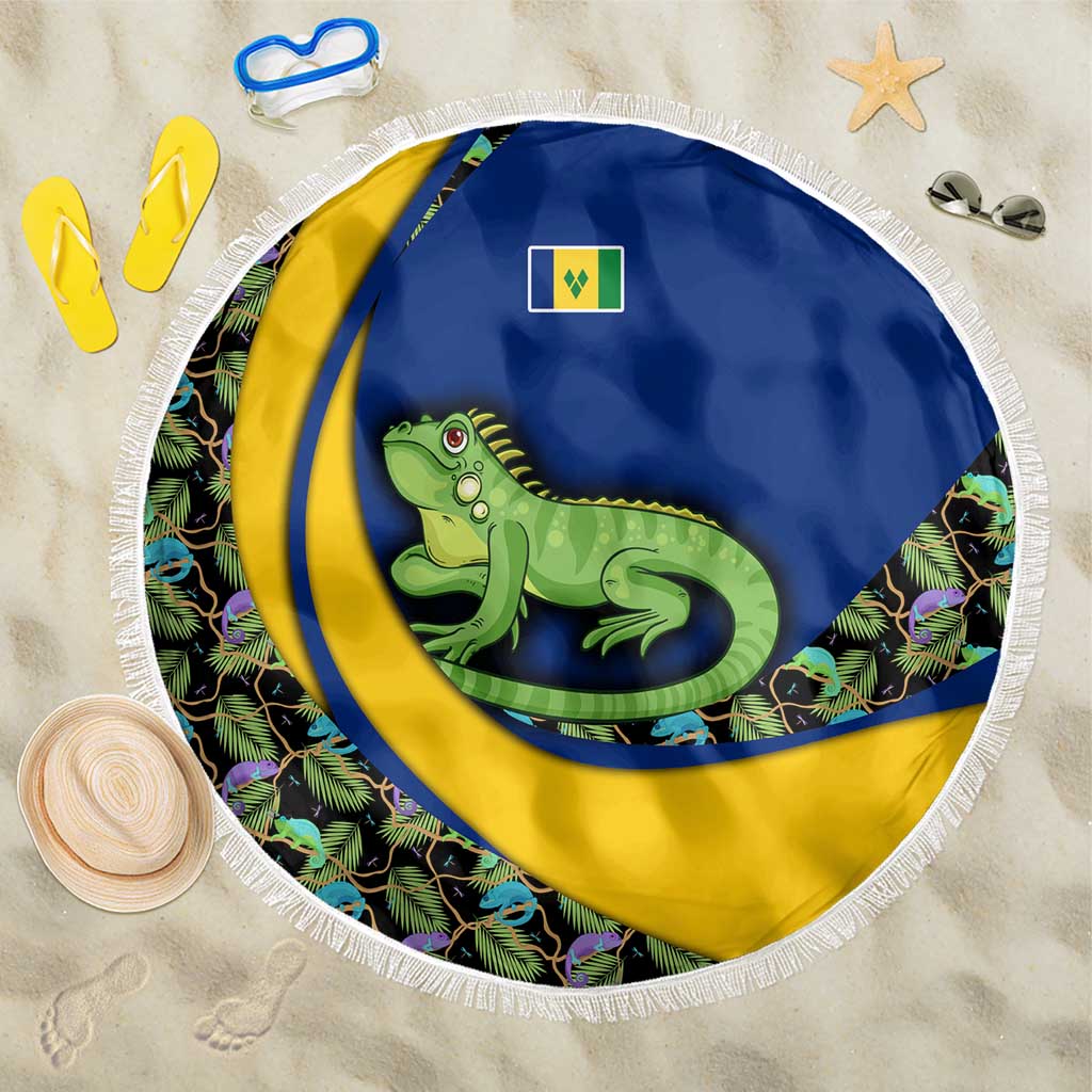 Saint Vincent and the Grenadines Iguana Beach Blanket with Tropical Leaf Pattern and National Flag - Wonder Print Shop