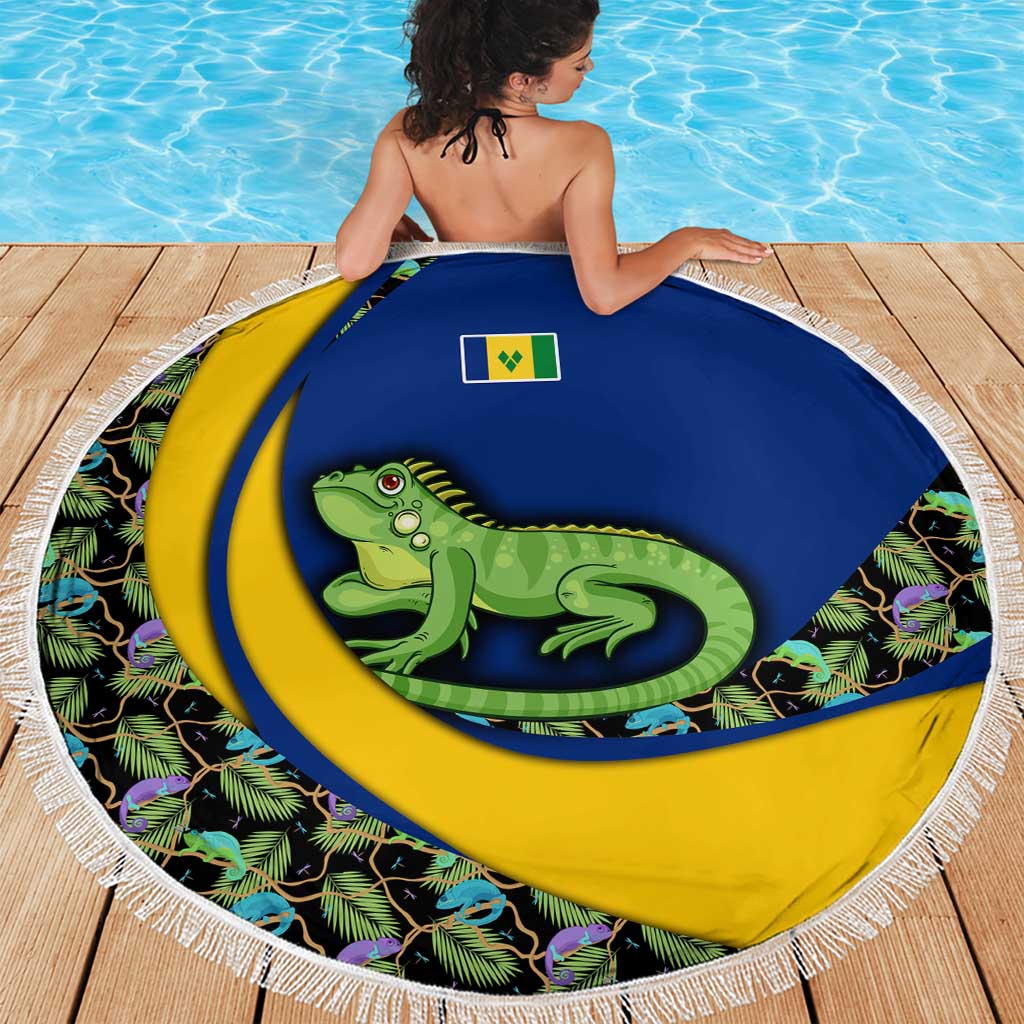 Saint Vincent and the Grenadines Iguana Beach Blanket with Tropical Leaf Pattern and National Flag - Wonder Print Shop