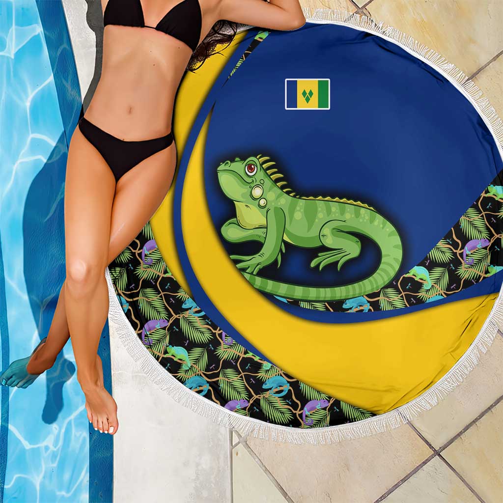 Saint Vincent and the Grenadines Iguana Beach Blanket with Tropical Leaf Pattern and National Flag - Wonder Print Shop