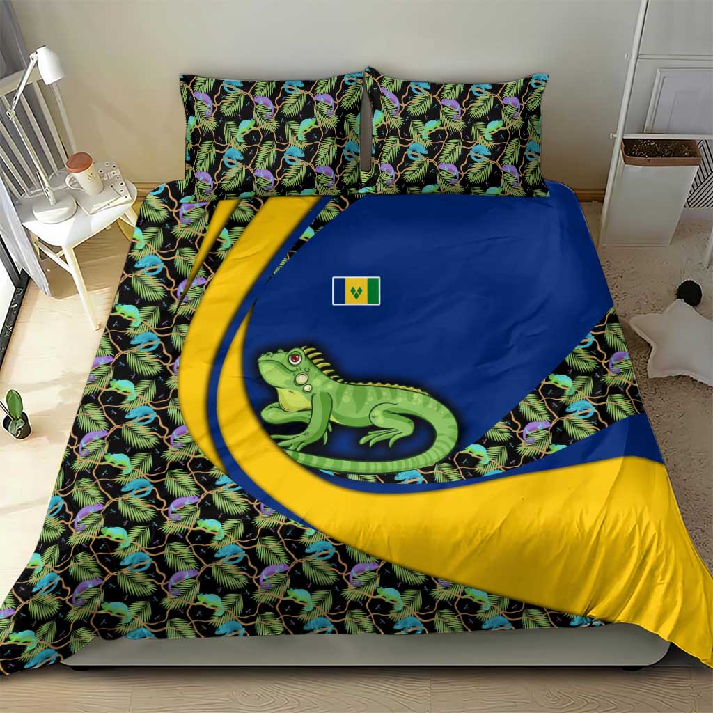Saint Vincent and the Grenadines Iguana Bedding Set with Tropical Leaf Pattern and National Flag - Wonder Print Shop