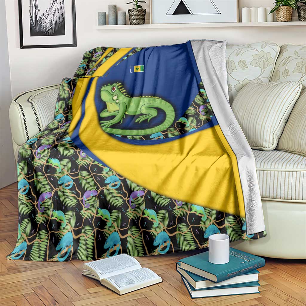 Saint Vincent and the Grenadines Iguana Blanket with Tropical Leaf Pattern and National Flag - Wonder Print Shop