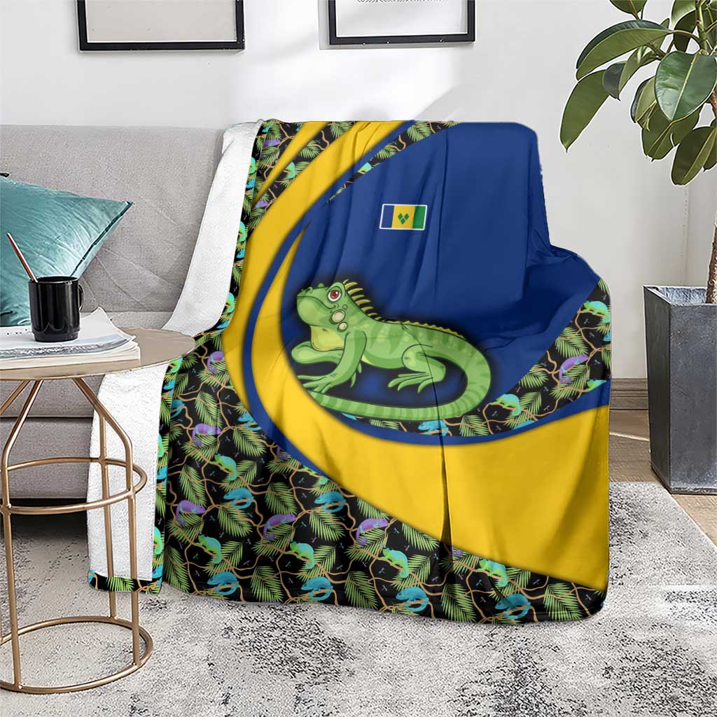 Saint Vincent and the Grenadines Iguana Blanket with Tropical Leaf Pattern and National Flag - Wonder Print Shop