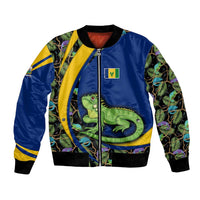 Saint Vincent and the Grenadines Iguana Bomber Jacket with Tropical Leaf Pattern and National Flag - Wonder Print Shop