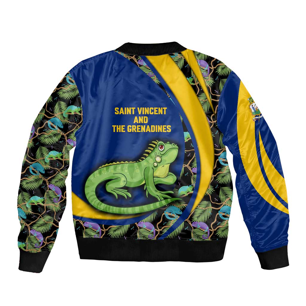 Saint Vincent and the Grenadines Iguana Bomber Jacket with Tropical Leaf Pattern and National Flag - Wonder Print Shop