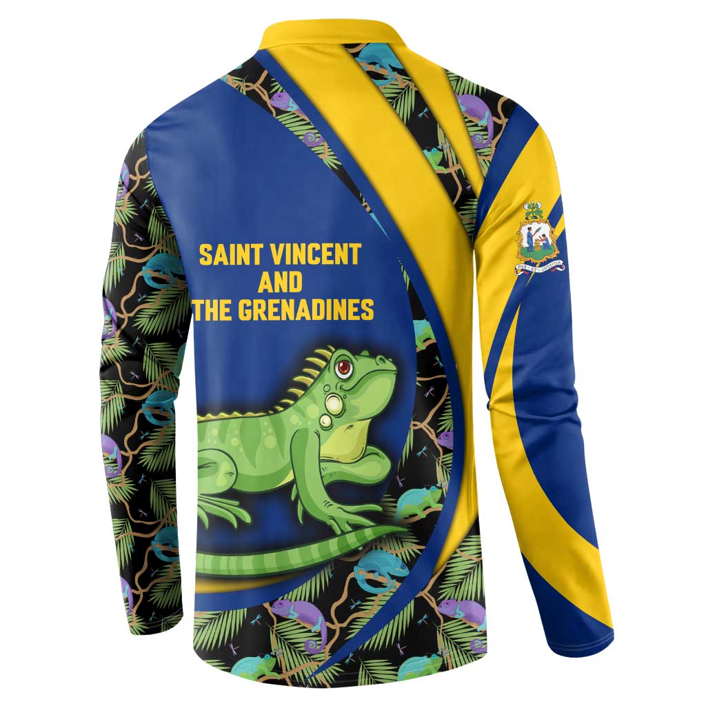 Saint Vincent and the Grenadines Iguana Button Sweatshirt with Tropical Leaf Pattern and National Flag - Wonder Print Shop