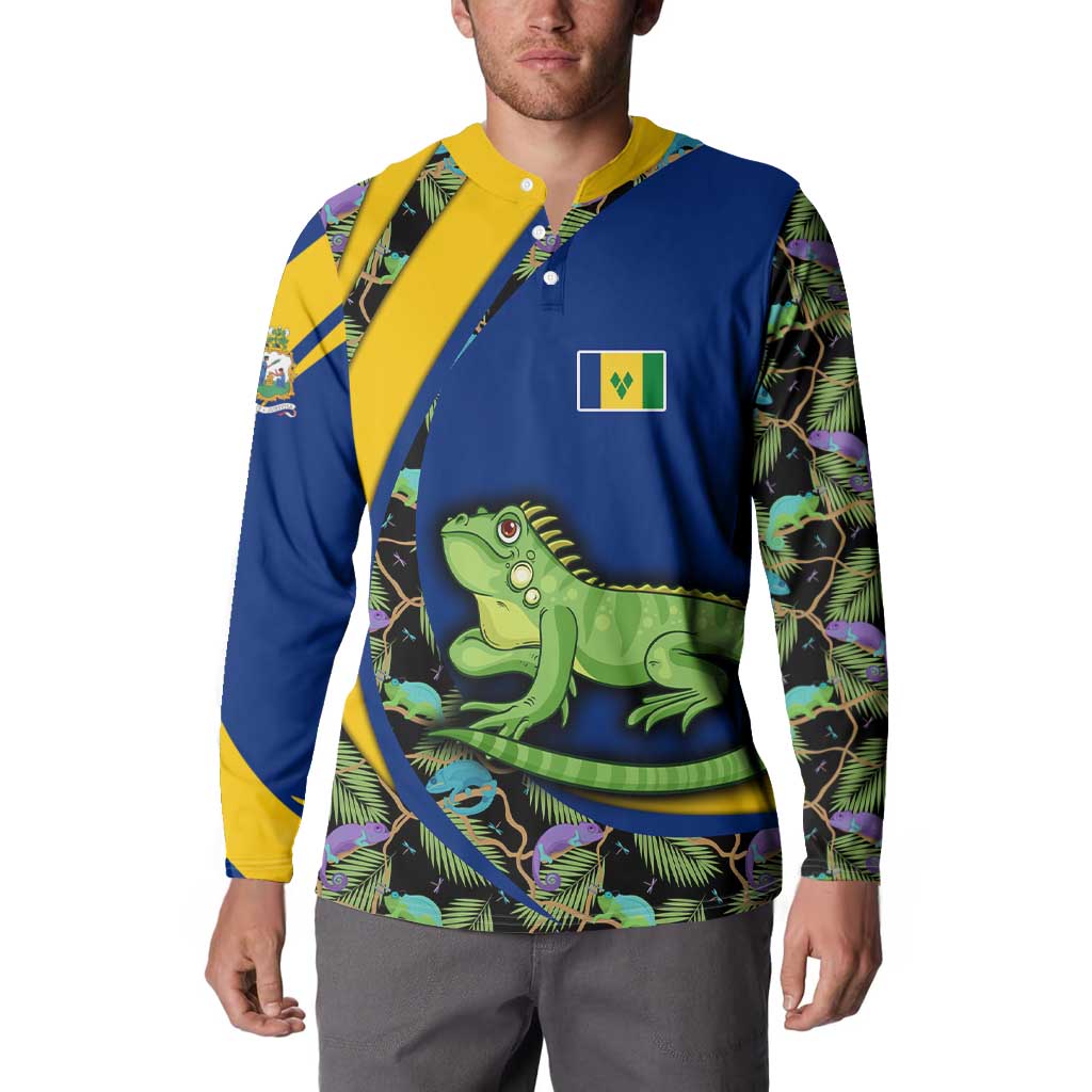 Saint Vincent and the Grenadines Iguana Button Sweatshirt with Tropical Leaf Pattern and National Flag - Wonder Print Shop