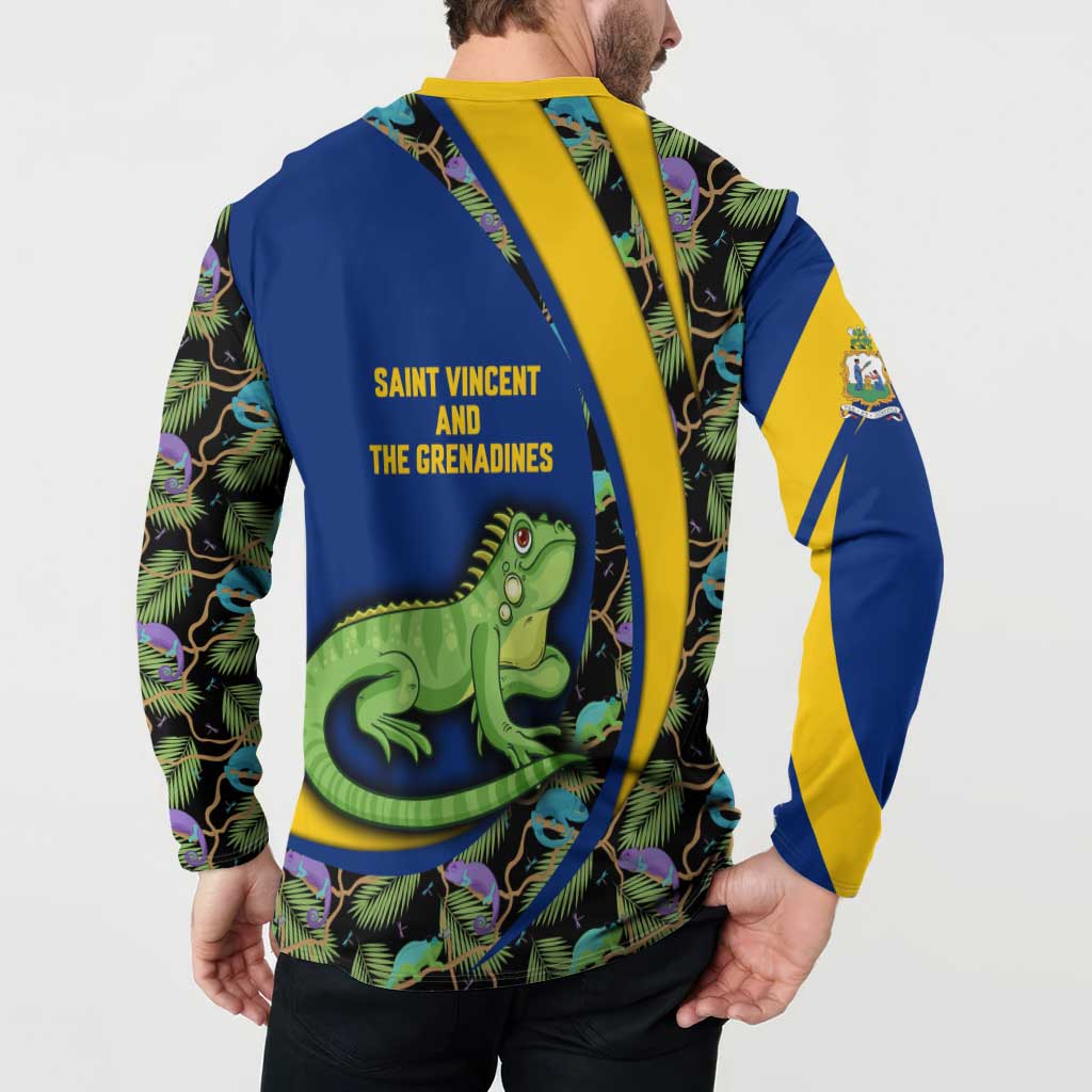 Saint Vincent and the Grenadines Iguana Button Sweatshirt with Tropical Leaf Pattern and National Flag - Wonder Print Shop