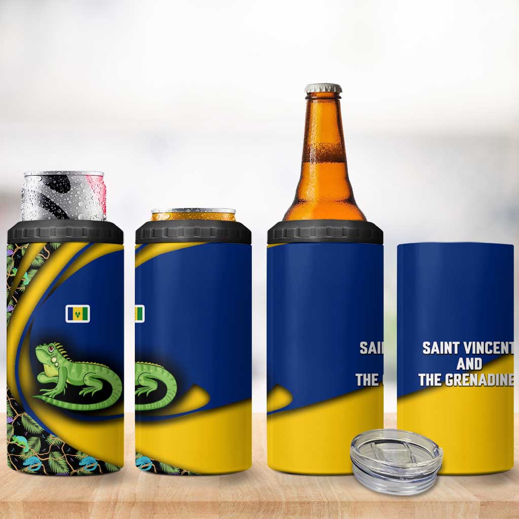 Saint Vincent and the Grenadines Iguana 4 in 1 Can Cooler Tumbler with Tropical Leaf Pattern and National Flag - Wonder Print Shop