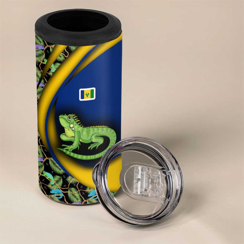 Saint Vincent and the Grenadines Iguana 4 in 1 Can Cooler Tumbler with Tropical Leaf Pattern and National Flag - Wonder Print Shop