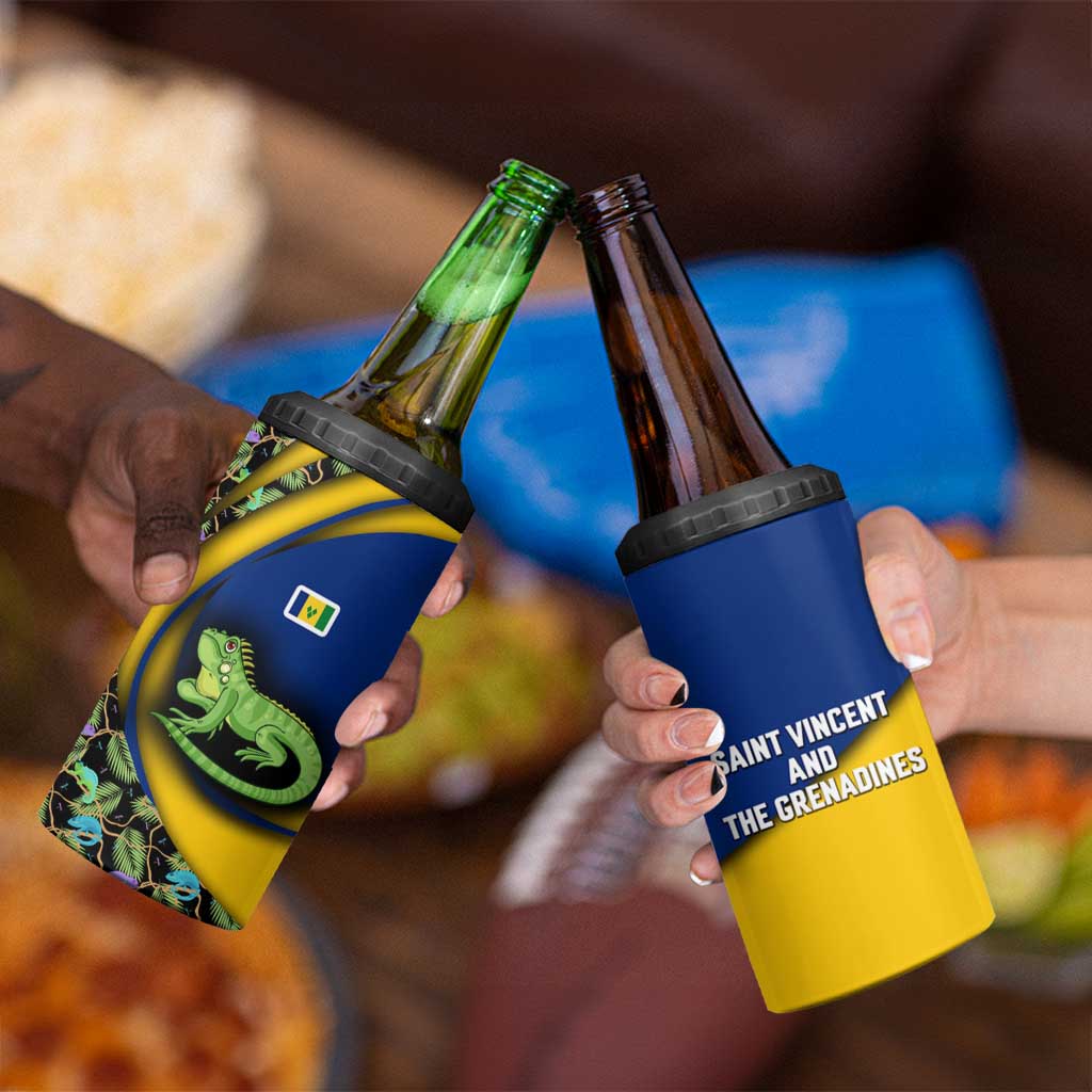 Saint Vincent and the Grenadines Iguana 4 in 1 Can Cooler Tumbler with Tropical Leaf Pattern and National Flag - Wonder Print Shop