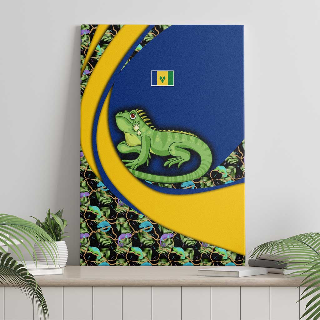 Saint Vincent and the Grenadines Iguana Canvas Wall Art with Tropical Leaf Pattern and National Flag - Wonder Print Shop