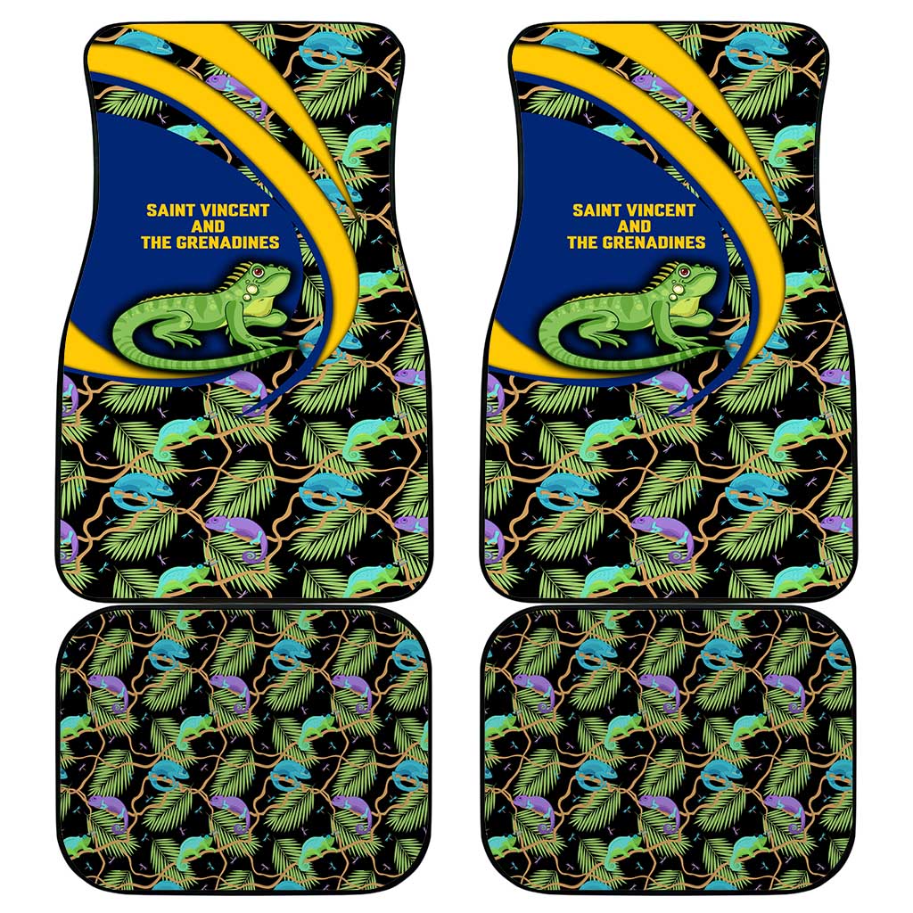 Saint Vincent and the Grenadines Iguana Car Mats with Tropical Leaf Pattern and National Flag - Wonder Print Shop