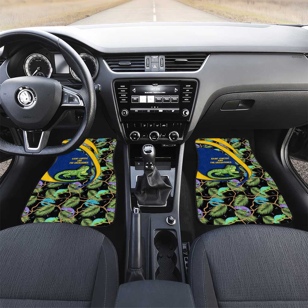 Saint Vincent and the Grenadines Iguana Car Mats with Tropical Leaf Pattern and National Flag - Wonder Print Shop
