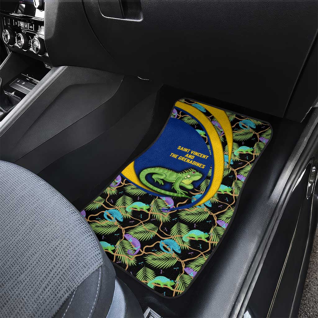 Saint Vincent and the Grenadines Iguana Car Mats with Tropical Leaf Pattern and National Flag - Wonder Print Shop