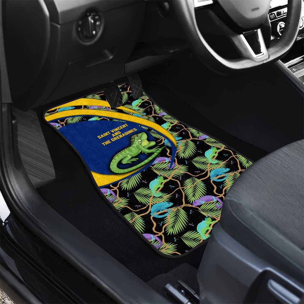 Saint Vincent and the Grenadines Iguana Car Mats with Tropical Leaf Pattern and National Flag - Wonder Print Shop