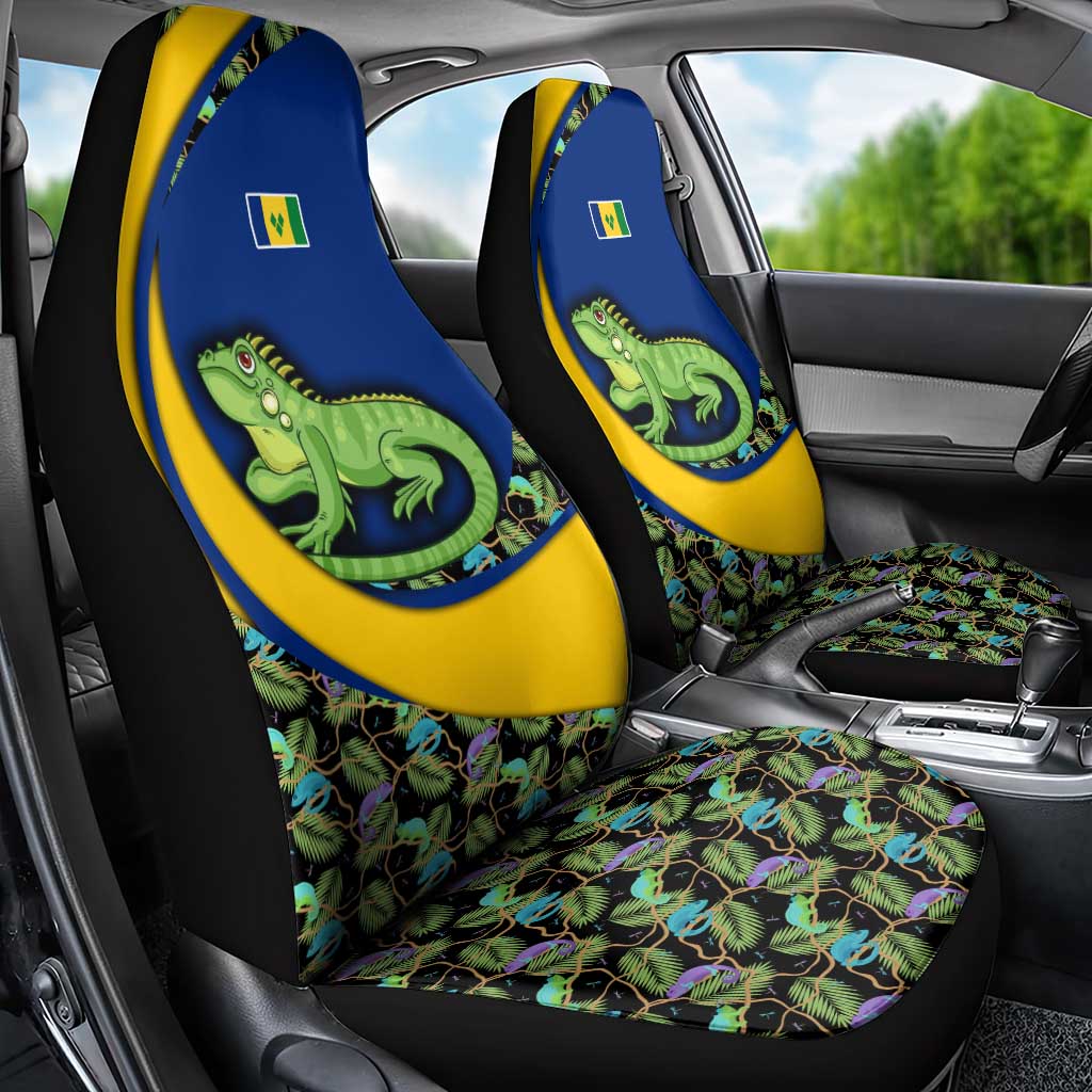 Saint Vincent and the Grenadines Iguana Car Seat Cover with Tropical Leaf Pattern and National Flag - Wonder Print Shop