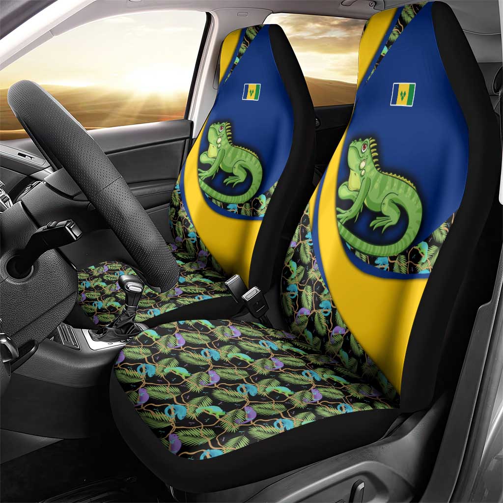 Saint Vincent and the Grenadines Iguana Car Seat Cover with Tropical Leaf Pattern and National Flag - Wonder Print Shop