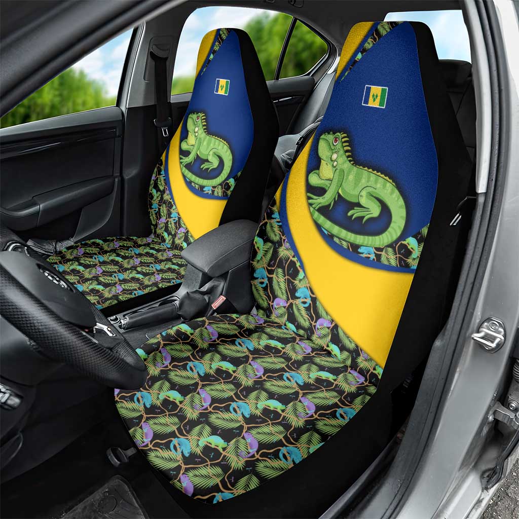 Saint Vincent and the Grenadines Iguana Car Seat Cover with Tropical Leaf Pattern and National Flag - Wonder Print Shop