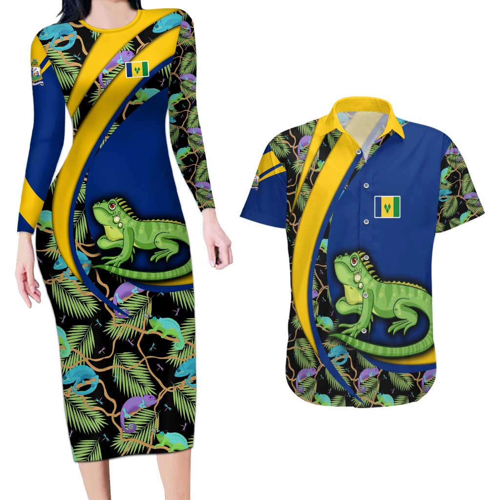 Saint Vincent and the Grenadines Iguana Couples Matching Long Sleeve Bodycon Dress and Hawaiian Shirt with Tropical Leaf Pattern and National Flag - Wonder Print Shop