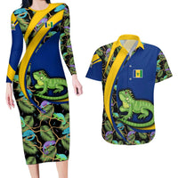 Saint Vincent and the Grenadines Iguana Couples Matching Long Sleeve Bodycon Dress and Hawaiian Shirt with Tropical Leaf Pattern and National Flag - Wonder Print Shop