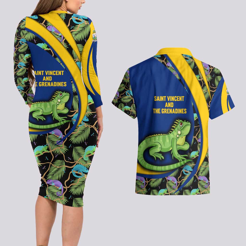 Saint Vincent and the Grenadines Iguana Couples Matching Long Sleeve Bodycon Dress and Hawaiian Shirt with Tropical Leaf Pattern and National Flag - Wonder Print Shop