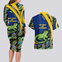 Saint Vincent and the Grenadines Iguana Couples Matching Long Sleeve Bodycon Dress and Hawaiian Shirt with Tropical Leaf Pattern and National Flag - Wonder Print Shop