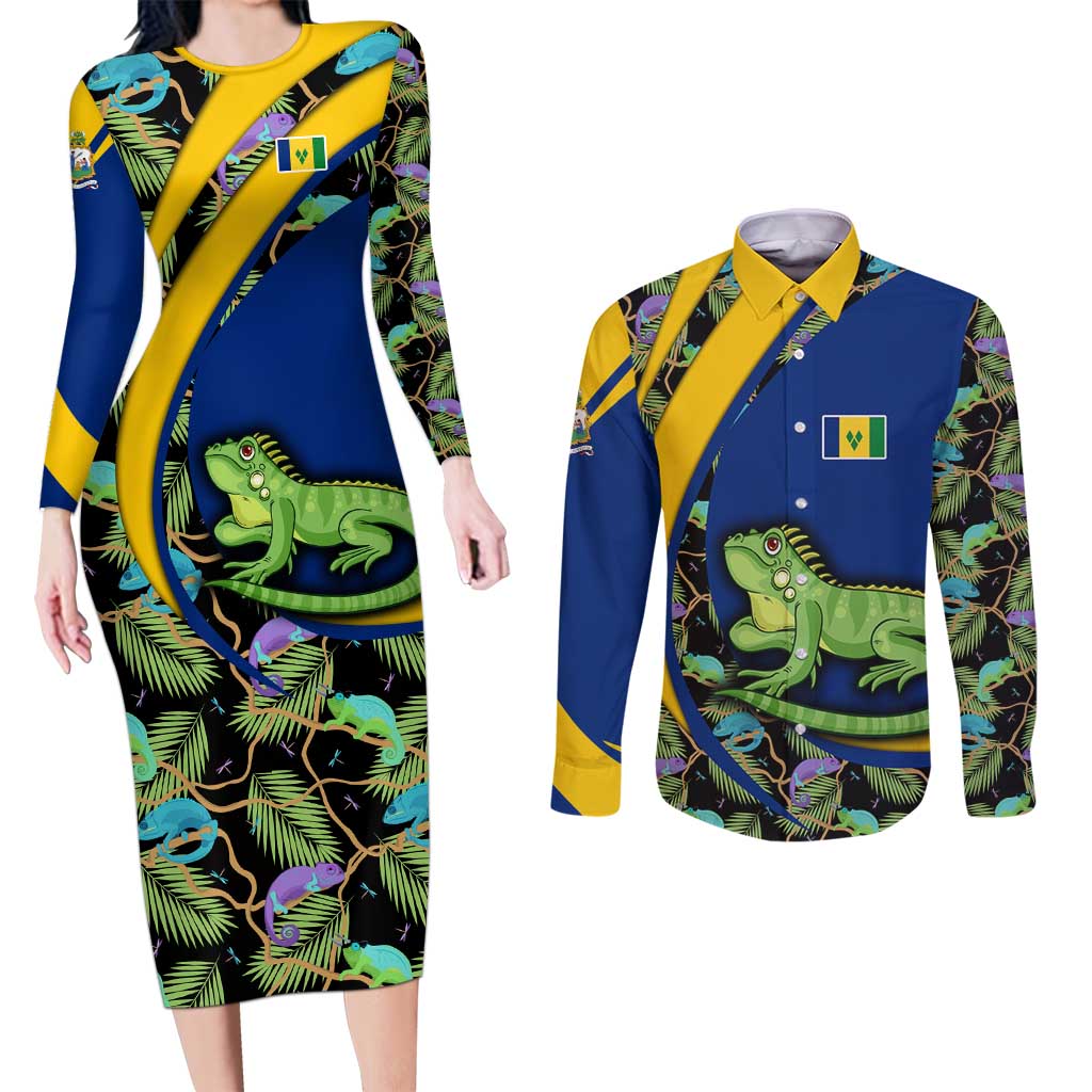 Saint Vincent and the Grenadines Iguana Couples Matching Long Sleeve Bodycon Dress and Long Sleeve Button Shirt with Tropical Leaf Pattern and National Flag - Wonder Print Shop