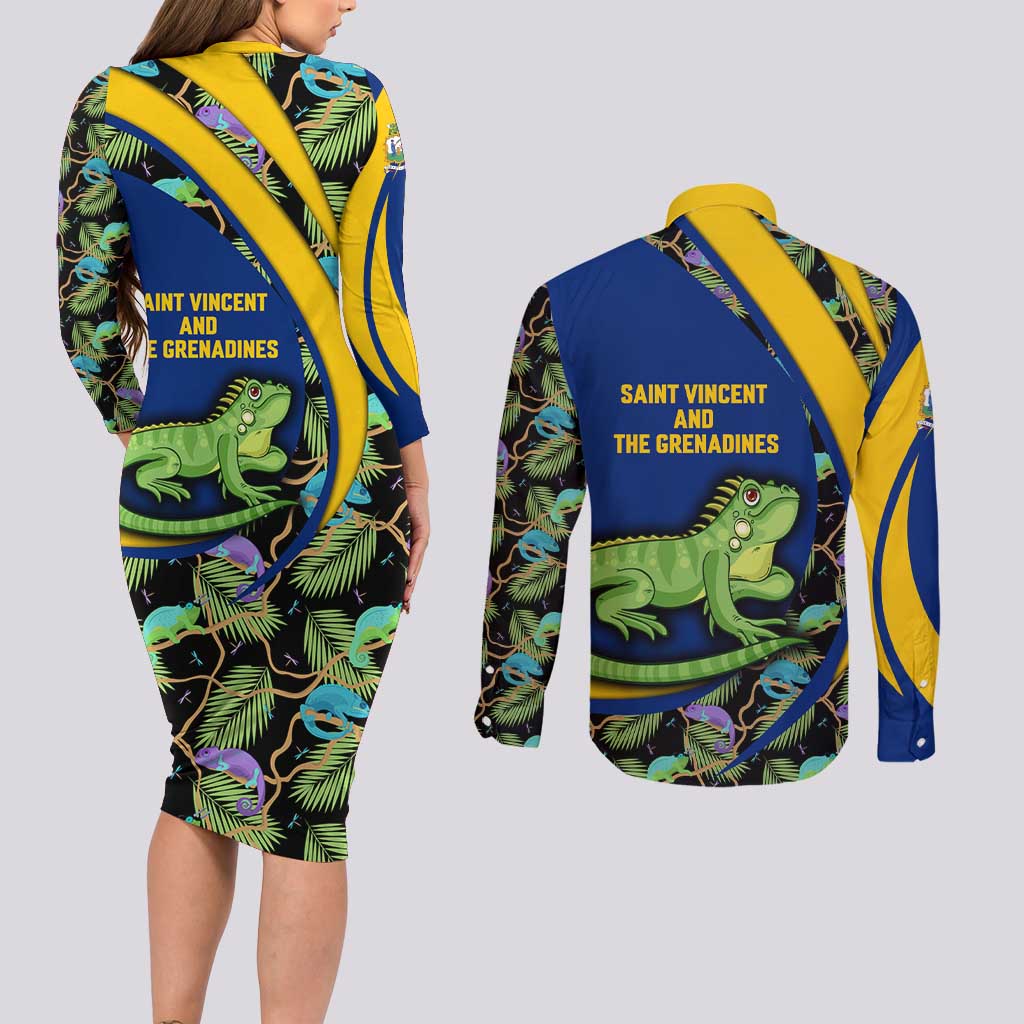 Saint Vincent and the Grenadines Iguana Couples Matching Long Sleeve Bodycon Dress and Long Sleeve Button Shirt with Tropical Leaf Pattern and National Flag - Wonder Print Shop