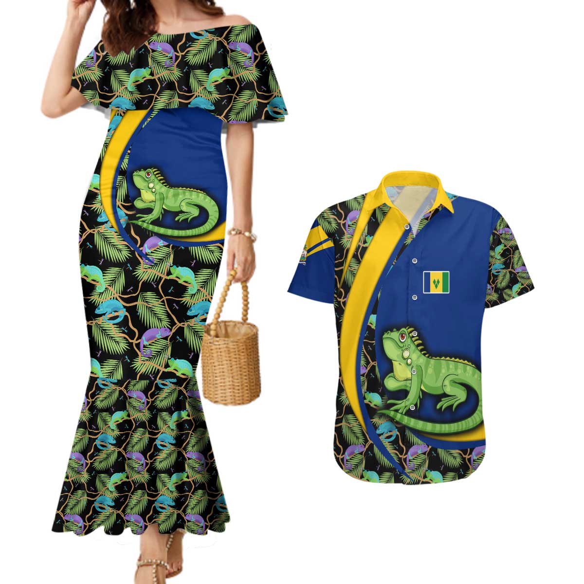 Saint Vincent and the Grenadines Iguana Couples Matching Mermaid Dress and Hawaiian Shirt with Tropical Leaf Pattern and National Flag - Wonder Print Shop