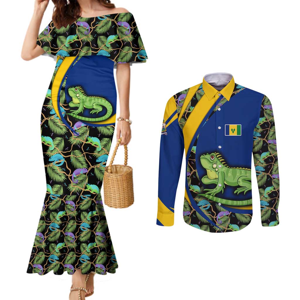 Saint Vincent and the Grenadines Iguana Couples Matching Mermaid Dress and Long Sleeve Button Shirt with Tropical Leaf Pattern and National Flag - Wonder Print Shop