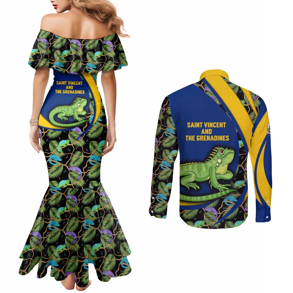 Saint Vincent and the Grenadines Iguana Couples Matching Mermaid Dress and Long Sleeve Button Shirt with Tropical Leaf Pattern and National Flag - Wonder Print Shop