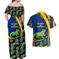 Saint Vincent and the Grenadines Iguana Couples Matching Off Shoulder Maxi Dress and Hawaiian Shirt with Tropical Leaf Pattern and National Flag - Wonder Print Shop