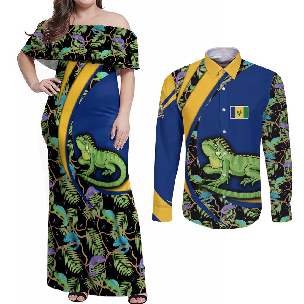 Saint Vincent and the Grenadines Iguana Couples Matching Off Shoulder Maxi Dress and Long Sleeve Button Shirt with Tropical Leaf Pattern and National Flag - Wonder Print Shop