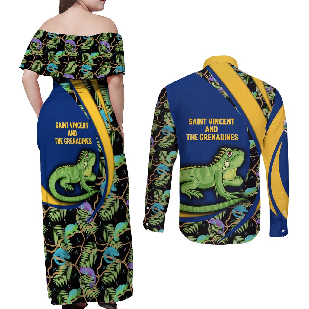 Saint Vincent and the Grenadines Iguana Couples Matching Off Shoulder Maxi Dress and Long Sleeve Button Shirt with Tropical Leaf Pattern and National Flag - Wonder Print Shop
