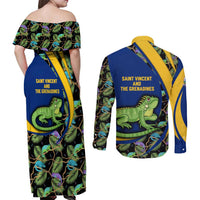 Saint Vincent and the Grenadines Iguana Couples Matching Off Shoulder Maxi Dress and Long Sleeve Button Shirt with Tropical Leaf Pattern and National Flag - Wonder Print Shop