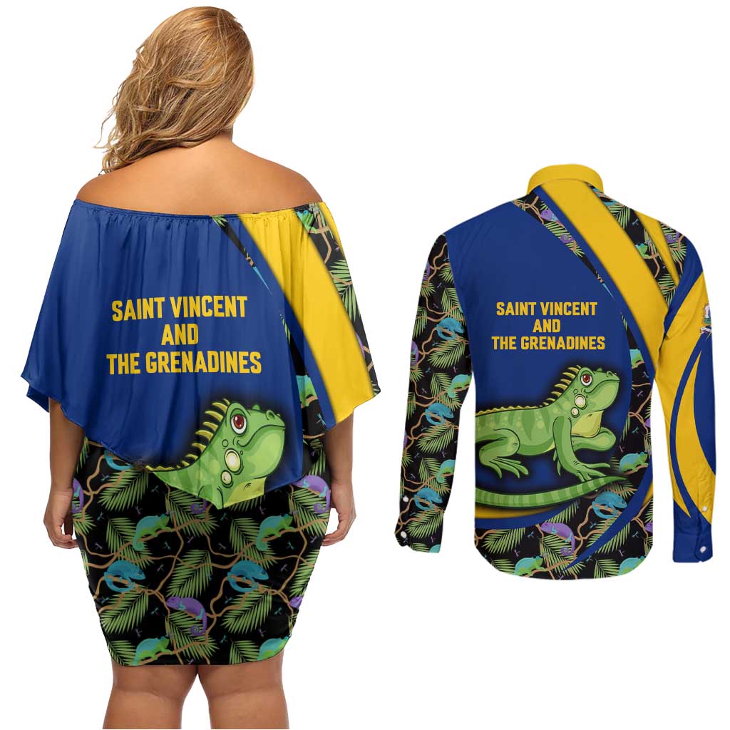 Saint Vincent and the Grenadines Iguana Couples Matching Off Shoulder Short Dress and Long Sleeve Button Shirt with Tropical Leaf Pattern and National Flag - Wonder Print Shop