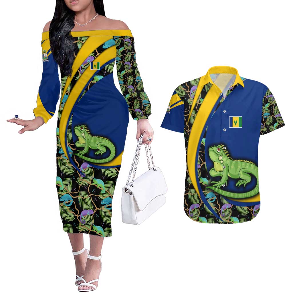 Saint Vincent and the Grenadines Iguana Couples Matching Off The Shoulder Long Sleeve Dress and Hawaiian Shirt with Tropical Leaf Pattern and National Flag - Wonder Print Shop