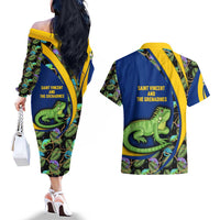 Saint Vincent and the Grenadines Iguana Couples Matching Off The Shoulder Long Sleeve Dress and Hawaiian Shirt with Tropical Leaf Pattern and National Flag - Wonder Print Shop