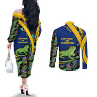 Saint Vincent and the Grenadines Iguana Couples Matching Off The Shoulder Long Sleeve Dress and Long Sleeve Button Shirt with Tropical Leaf Pattern and National Flag - Wonder Print Shop