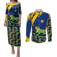 Saint Vincent and the Grenadines Iguana Couples Matching Puletasi and Long Sleeve Button Shirt with Tropical Leaf Pattern and National Flag - Wonder Print Shop