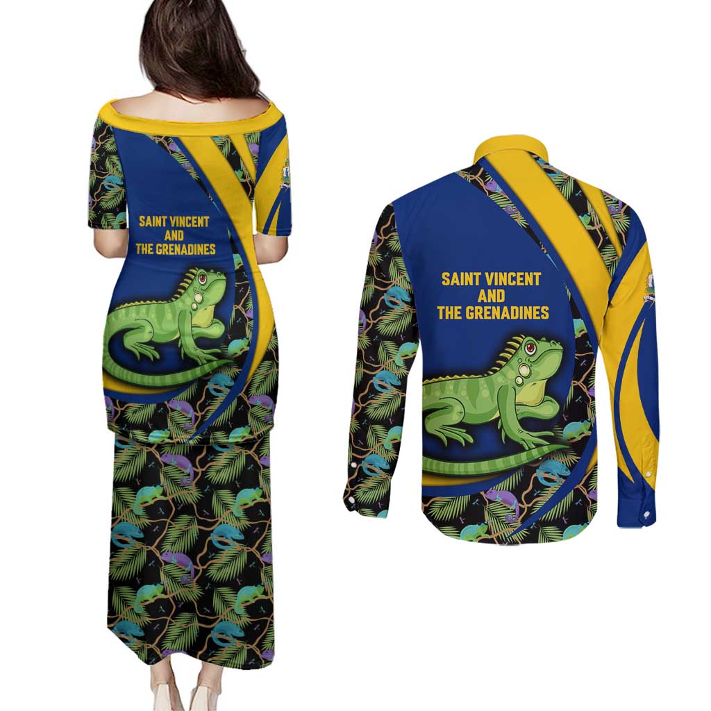 Saint Vincent and the Grenadines Iguana Couples Matching Puletasi and Long Sleeve Button Shirt with Tropical Leaf Pattern and National Flag - Wonder Print Shop