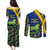 Saint Vincent and the Grenadines Iguana Couples Matching Puletasi and Long Sleeve Button Shirt with Tropical Leaf Pattern and National Flag - Wonder Print Shop
