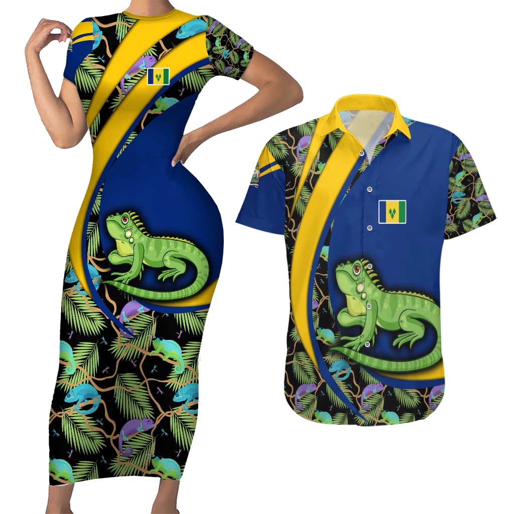Saint Vincent and the Grenadines Iguana Couples Matching Short Sleeve Bodycon Dress and Hawaiian Shirt with Tropical Leaf Pattern and National Flag - Wonder Print Shop
