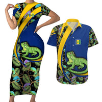 Saint Vincent and the Grenadines Iguana Couples Matching Short Sleeve Bodycon Dress and Hawaiian Shirt with Tropical Leaf Pattern and National Flag - Wonder Print Shop