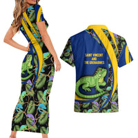Saint Vincent and the Grenadines Iguana Couples Matching Short Sleeve Bodycon Dress and Hawaiian Shirt with Tropical Leaf Pattern and National Flag - Wonder Print Shop