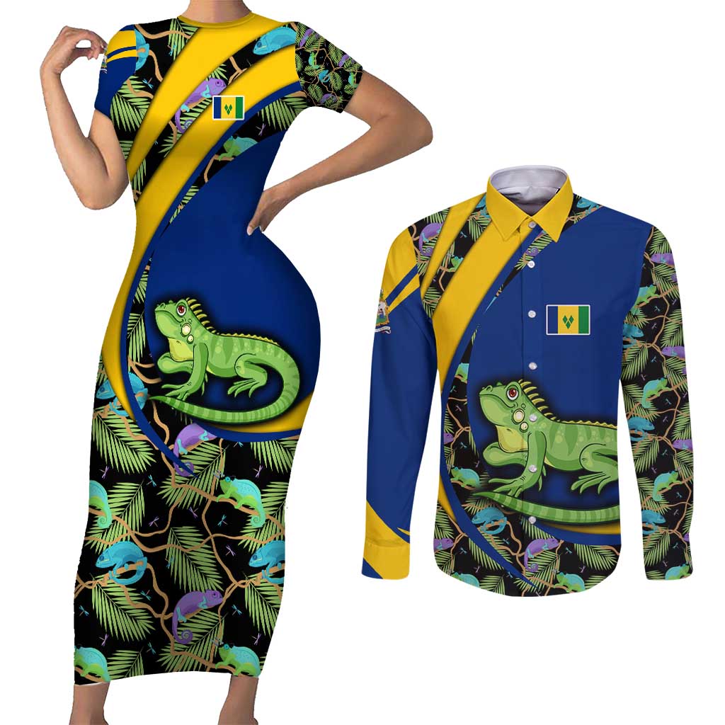 Saint Vincent and the Grenadines Iguana Couples Matching Short Sleeve Bodycon Dress and Long Sleeve Button Shirt with Tropical Leaf Pattern and National Flag - Wonder Print Shop