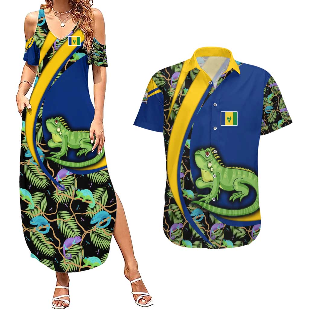 Saint Vincent and the Grenadines Iguana Couples Matching Summer Maxi Dress and Hawaiian Shirt with Tropical Leaf Pattern and National Flag - Wonder Print Shop