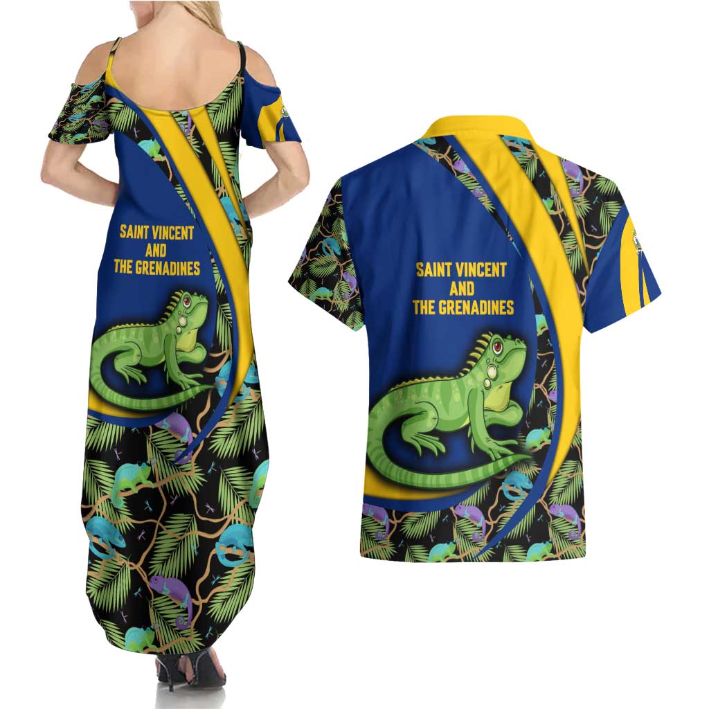 Saint Vincent and the Grenadines Iguana Couples Matching Summer Maxi Dress and Hawaiian Shirt with Tropical Leaf Pattern and National Flag - Wonder Print Shop