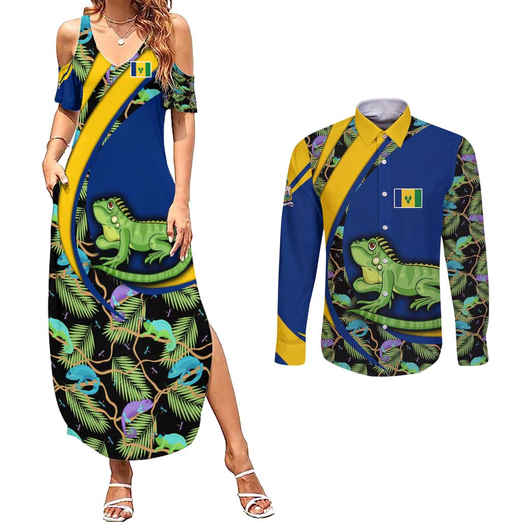 Saint Vincent and the Grenadines Iguana Couples Matching Summer Maxi Dress and Long Sleeve Button Shirt with Tropical Leaf Pattern and National Flag - Wonder Print Shop
